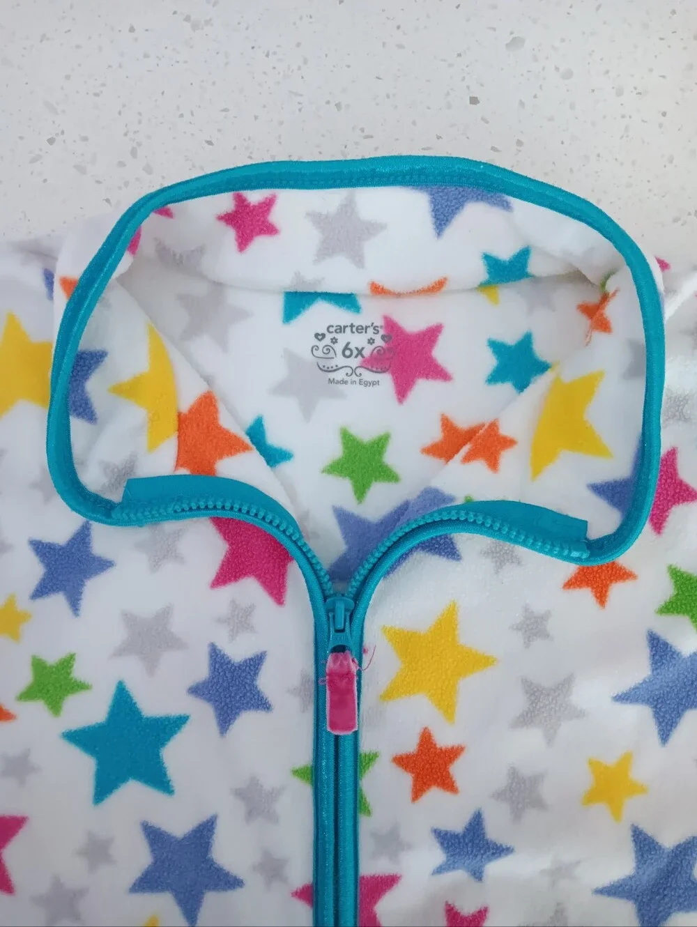 Girls' White Fleece Jacket With Rainbow Multicolor Stars Blue Trim Size 6 / 6X